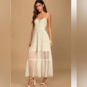 Lulu's Cream Lace Maxi Polka Dot Sheer Skirt Romantic Corset Dress L